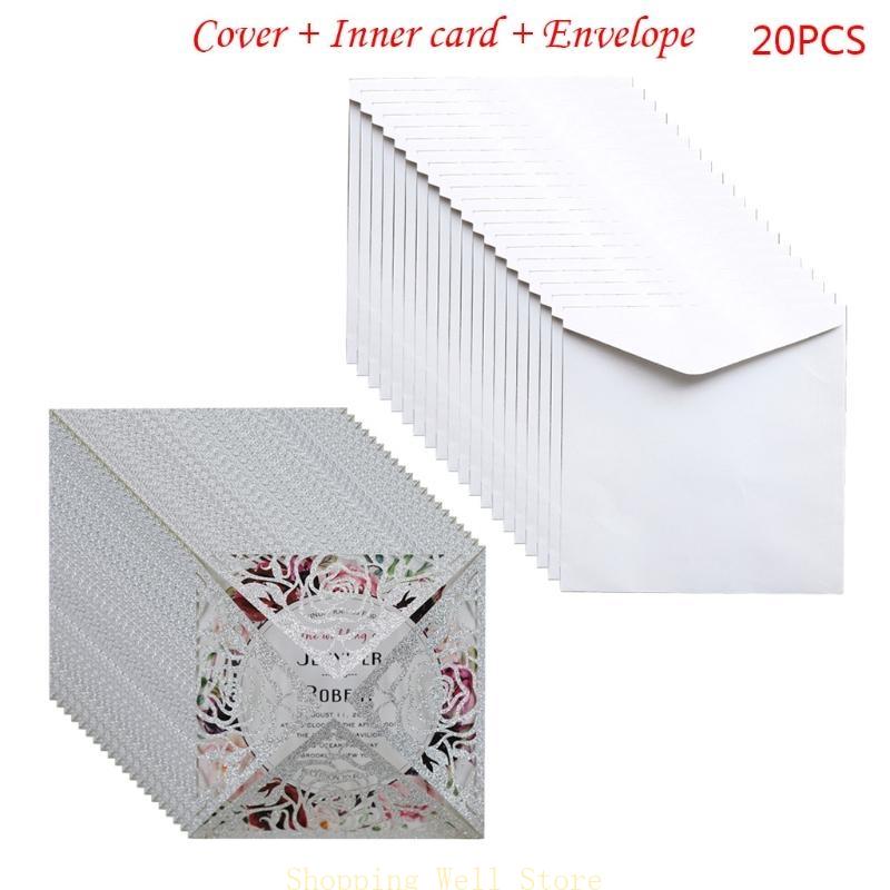 KX4B 20pcs/set Wedding Invitations Cards Glitter Rose Flower Greeting Card Invite Envelopes Bridal Shower Supplies