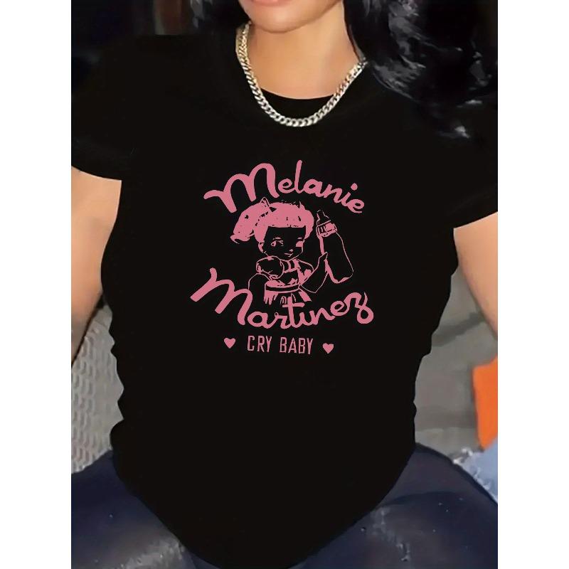 European Size Cartoon Print T-shirt, Short Sleeve Crew Neck Casual Top For Summer & Spring, Women's Clothing