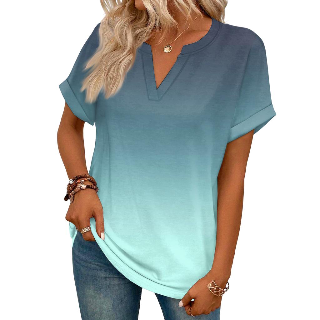 Modny Damski Casualowy T-shirt z Dekoltem V, Krótkim Rękawem i Gradientem