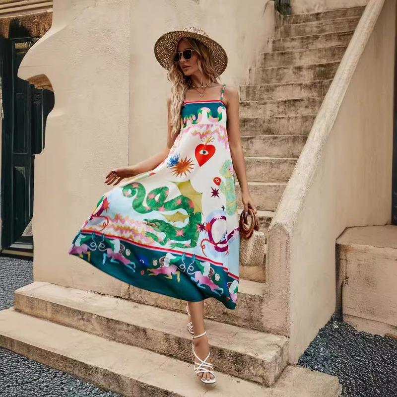 Casual Spaghetti Strap Long Dresses Women's Floral Printed Cotton Linen Sleeveless Large Swing Dress