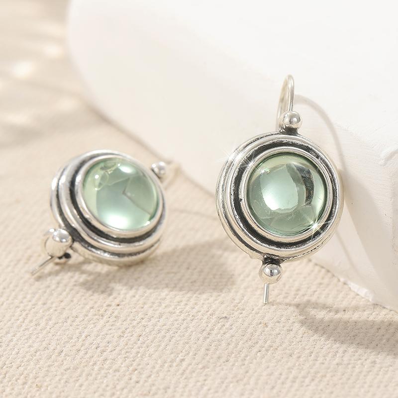 Exquisite Elegant Green Stone Round Pendant Earrings for Women Vintage Silvery Plated Daily Versatile Jewelry Accessaries Gifts