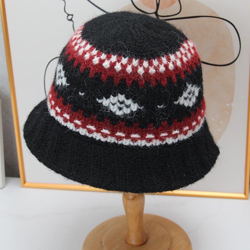 Vintage Fair Island jacquard knitted bucket hat women's autumn and winter thickened warm wool hat showing face small bucket hat