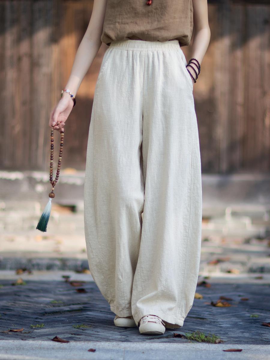 Spring 26 Women s Artistic Retro Cotton Linen Lantern Pants - Sand Washed, Loose, Patchwork, Slimming, Casual One Size