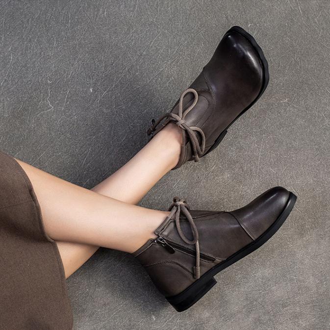 Johnature Retro Versatile Flat Short Boots Comfortable Commuting Casual Genuine Leather Women's Shoes