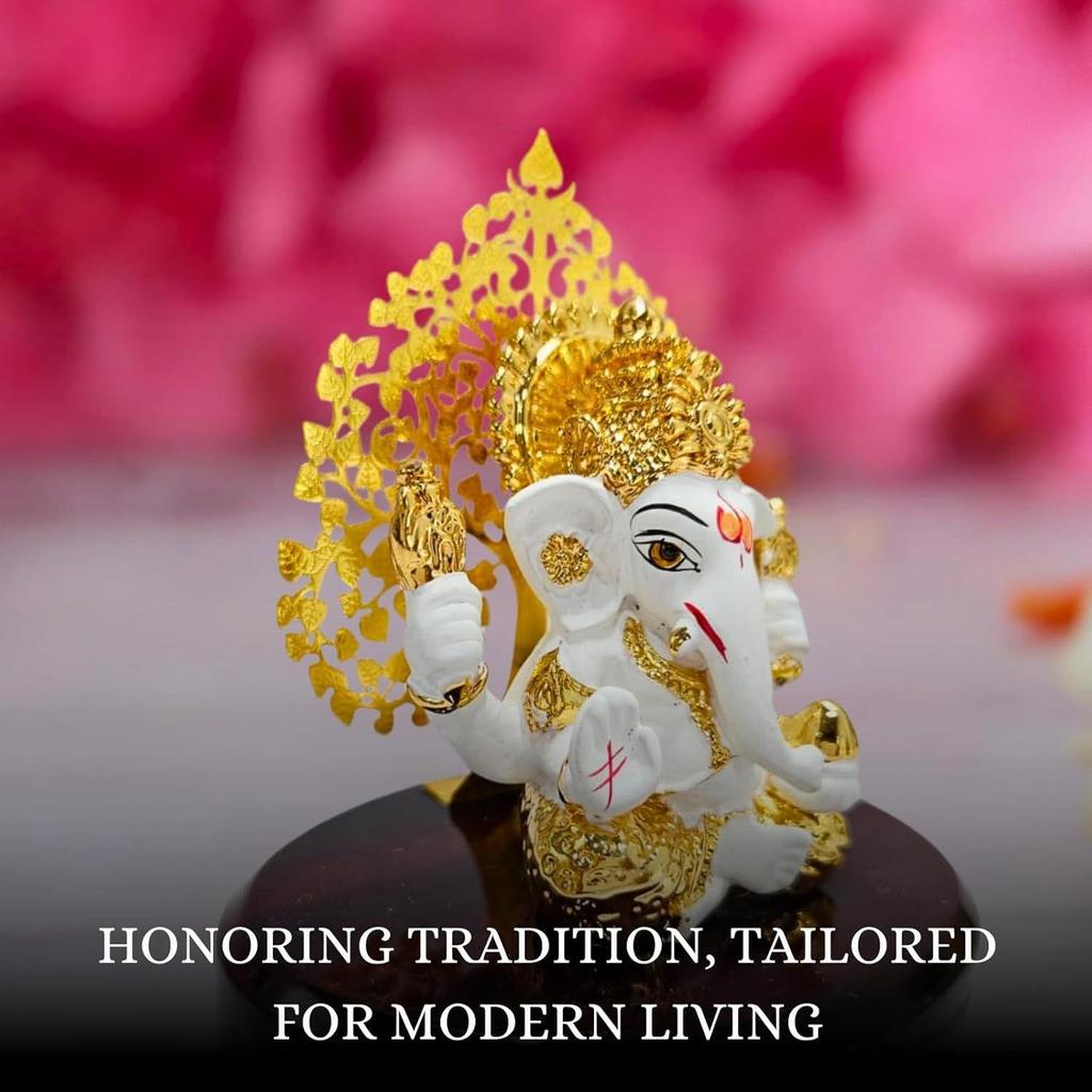 Kalpavrikshya Tree Ganesh Idol Ganpati Murti for Car Dashboard, Office Desk, Hindu God Gift & Home Decor - Resin (White)