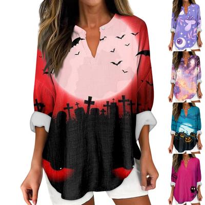 Damenmode Lässig Halloween-Print Überschnittene Schulter Langarm V-Ausschnitt Damenoberteile