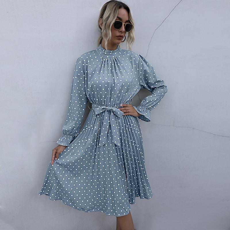 YYFS Women's Vintage Polka Dot Print Long Sleeve Slim Casual Dresses