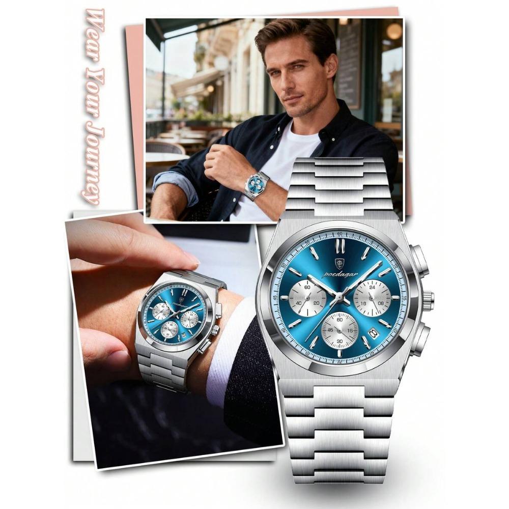 POEDAGAR 1pc Premium Men's Stainless Steel Quartz Calendar Chronograph Wristwatch, Business Waterproof Luminous Watch, Men's Gift
