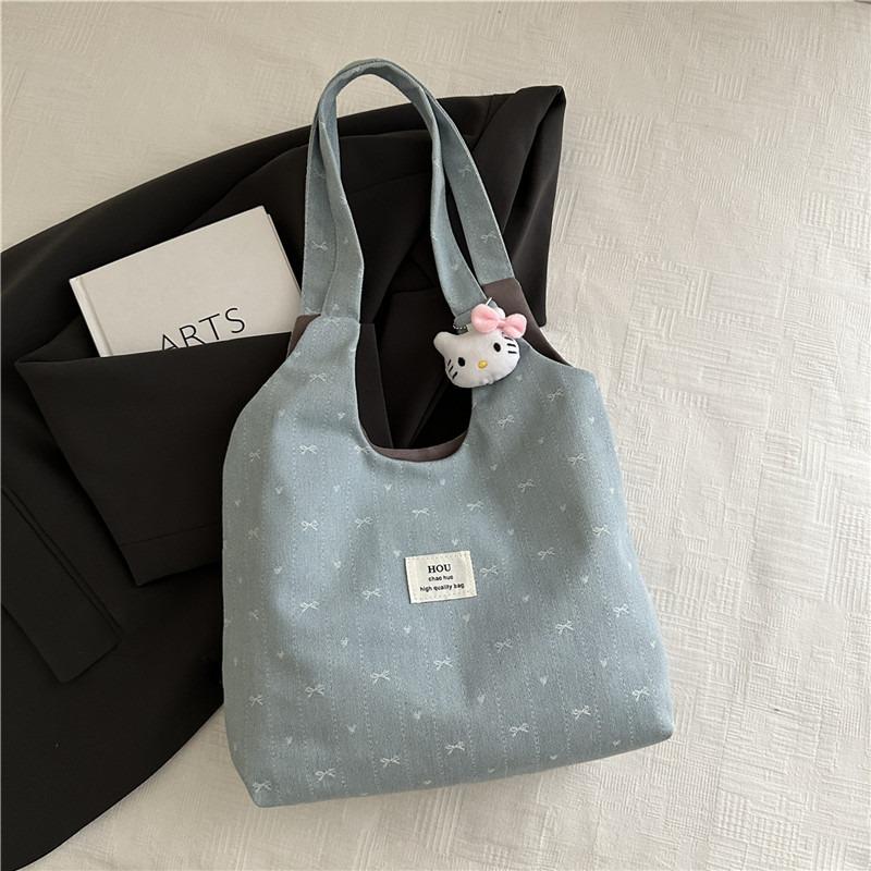 Soft Waxy Denim Canvas Bag, New Bow Design, Shoulder Bag, Commuter Large-capacity Tote Bag.