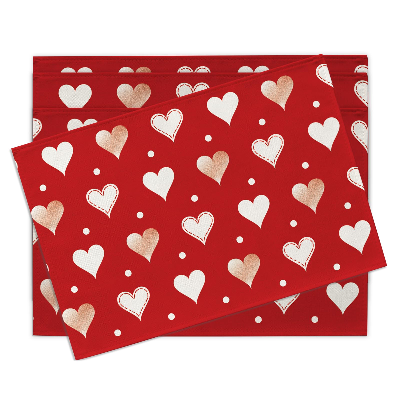 Valentines Day Placemats Set of 4, Red White Love Heart Polka Dot Dining Place Mats Table Decor 4Pcs-12 X18
