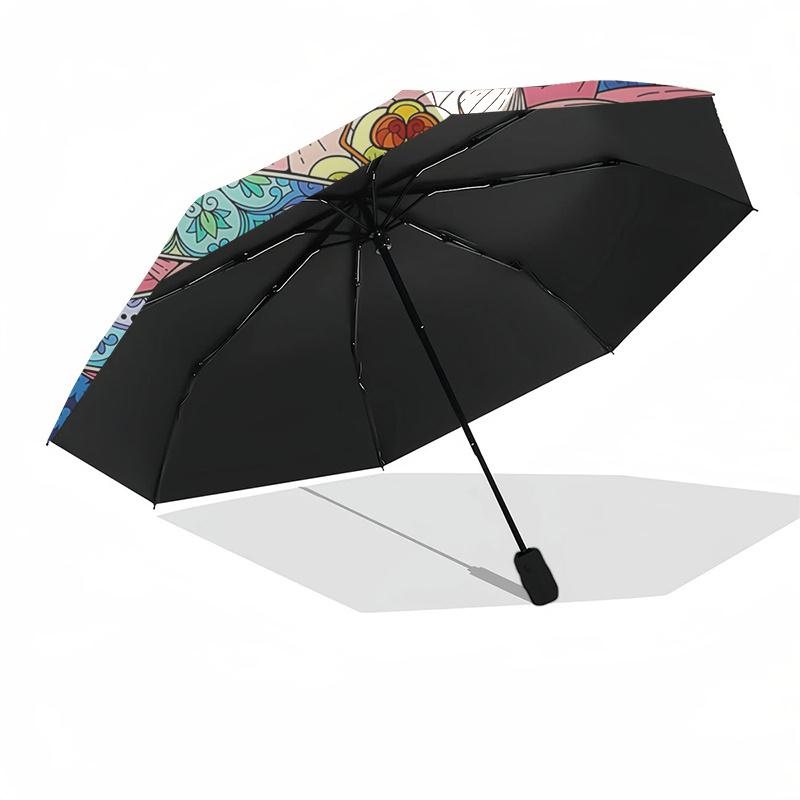 Colorful Lotus Dragonfly Mandala Automatic Opening Folding Umbrella with 8-Bone Iron Frame, Suitable for Fans, Travel, Daily Use, Festive Gi