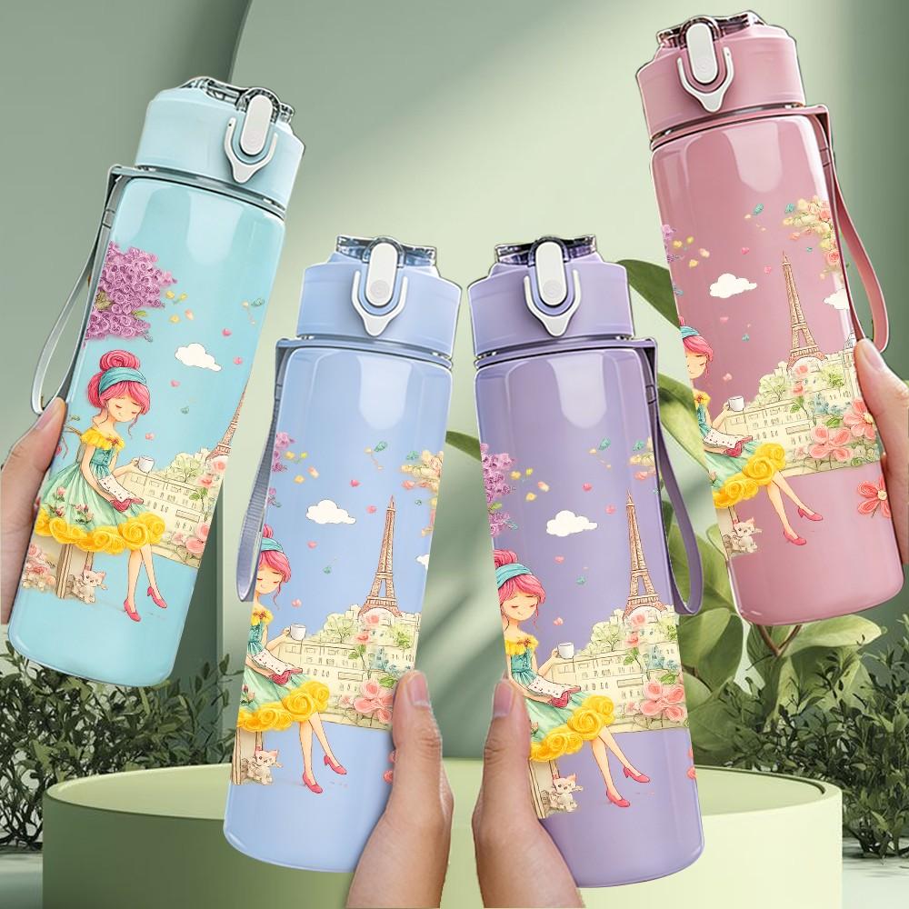 1PC Little Girl In Flower Field Scene Print 750ml Color Plastic Sports Water Bottle Leakproof Flip Straw Lid Suitable for Sports Office Home Use