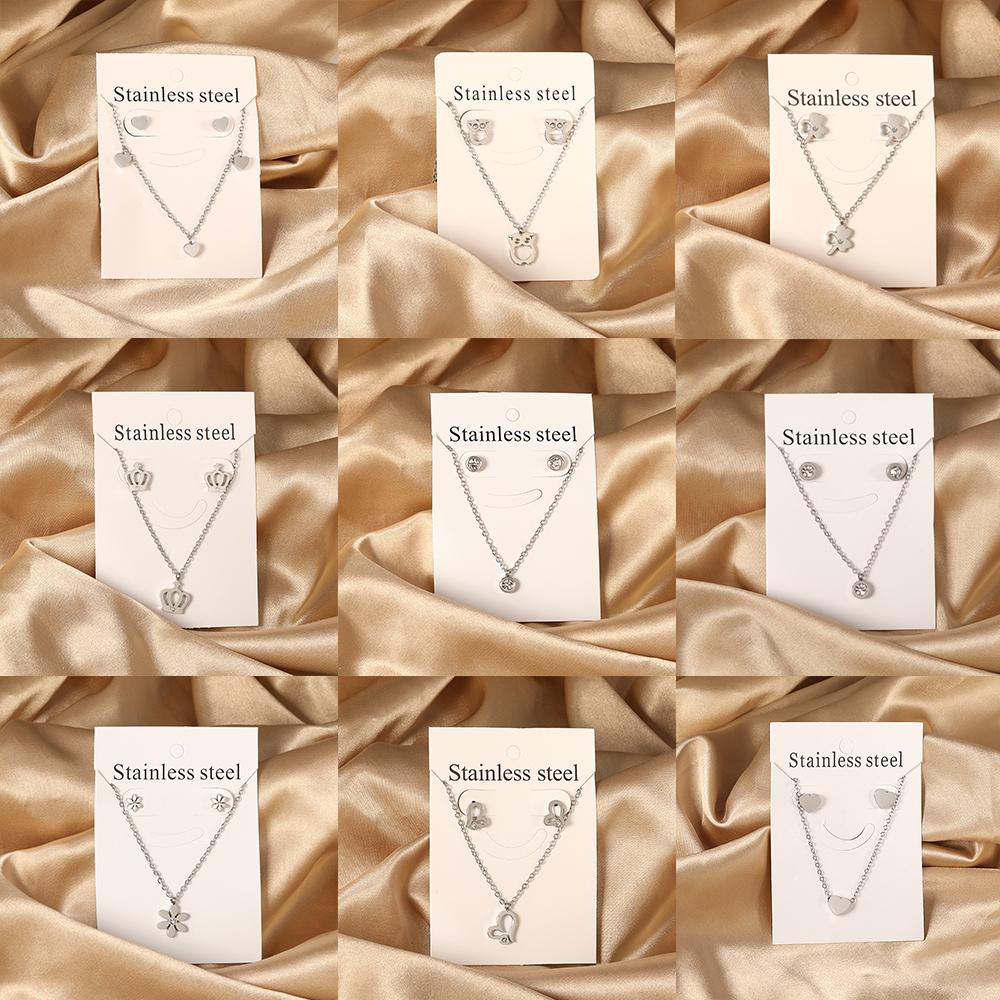 Trendy Love Heart Necklaces Zircon Sets For Women Stainless Steel copper Plated 2 Pieces Pendant Necklaces And Earrings Sets