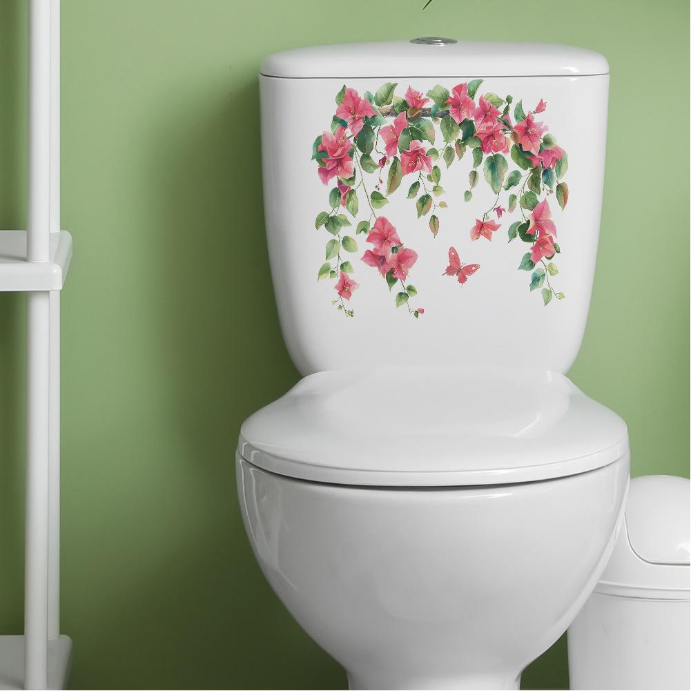 Self-adhesive Toilet Sticker Flower Painting Floral Wall Decals Bathroom Decor Removable Home DIY Sticker Decorative Wall Decals