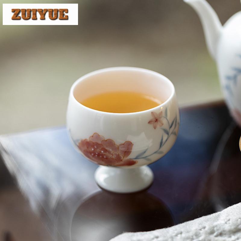 90ml Hand Drawn Peony Flower Teacup Arita Porcelain High Footed Tea Bowl Master Cup Meditation Cup Coffee Mug Tea Ceremony Gift