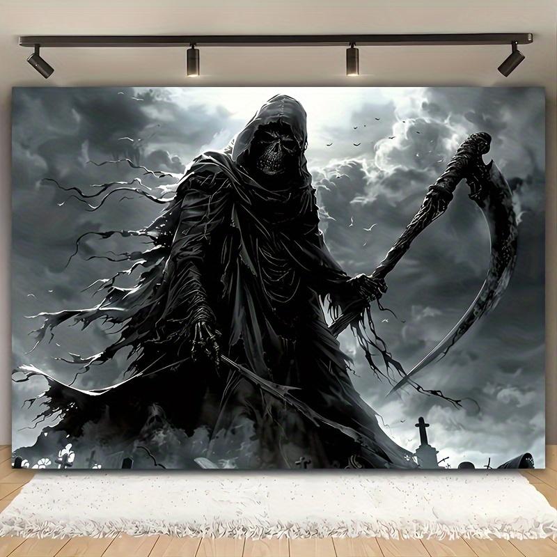 Death tapestry wall hanging - Halloween party decoration with Gothic skull and sickle design