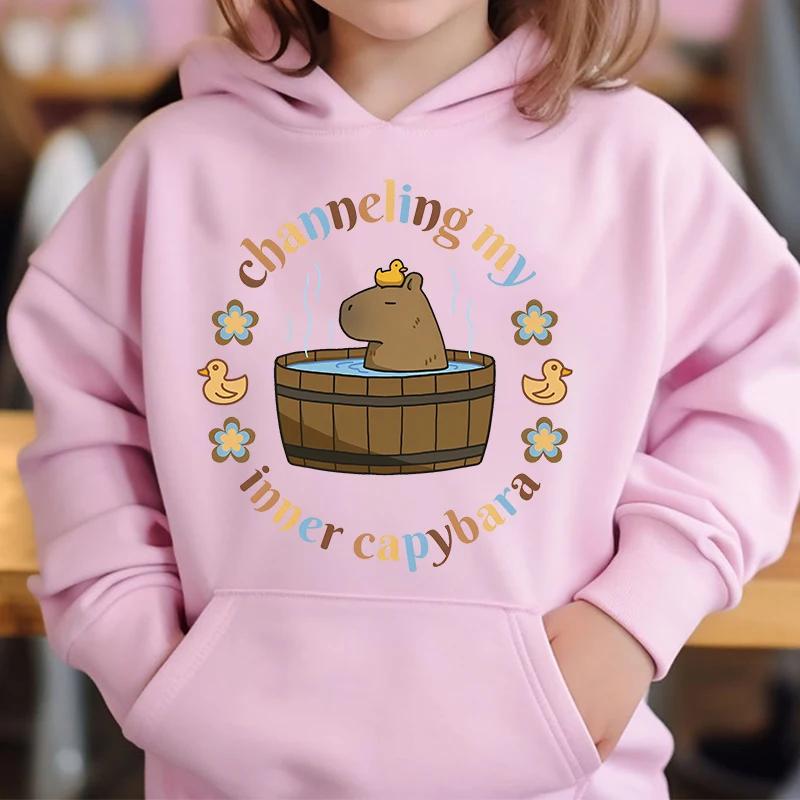 Cute Capybara Loves Bubble Tea Children's Hoodie Pink Autumn and Winter Girl's Top