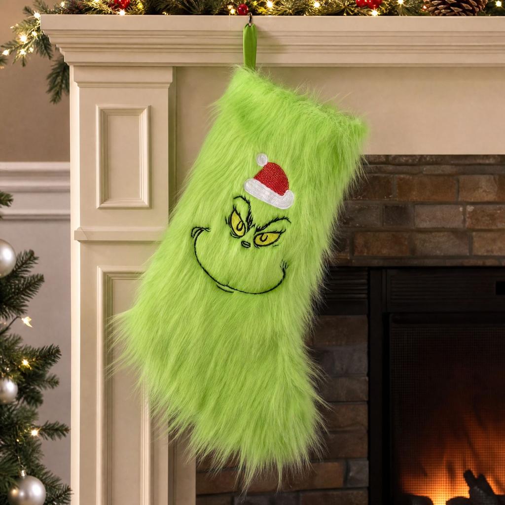 Christmas Stocking Gift Bag with Velvet Embroidered Leg for Fireplace and Staircase Holiday Decor