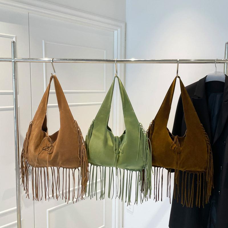 Boho Chic Kordový Střapec Dámská Taška přes Rameno Podzim Velkokapacitní Ručně Vyráběná Jednobarevná Hobo Tote Taška