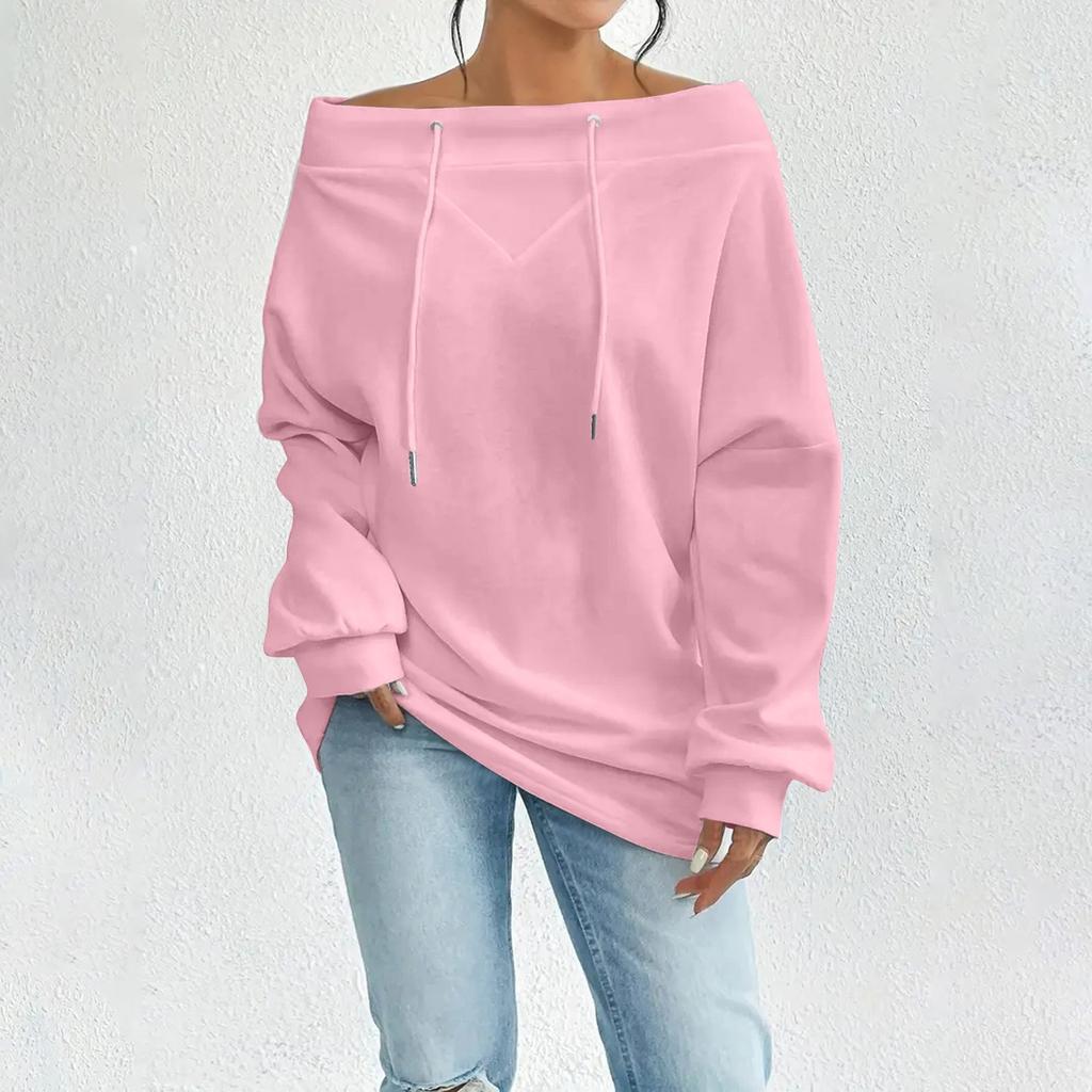 Women's Loose Casual Through Drawstring Off-the-shoulder Line Neck Top