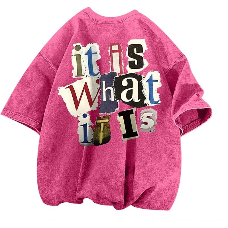 Washed Retro Cotton 230Gmen S Graphic Tees Funny Letter Printing Vintage S розовый