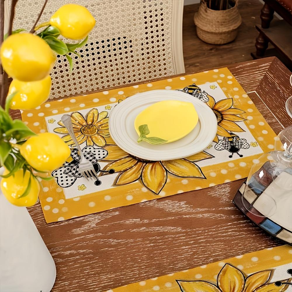 6pcs Set Summer Placemats Sunflower Bee Yellow Seasonal Farmhouse Polka Dot Indoor Kitchen Anniversary Dinner Mat Decor Home Party 12x18 inches