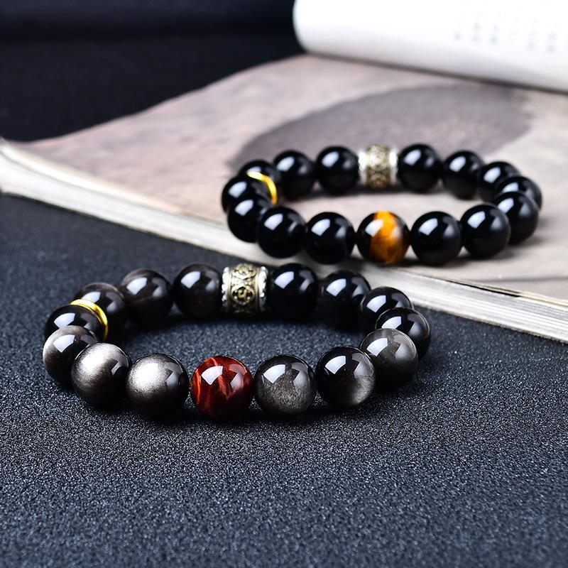 Herren Retro Silber Obsidian Perlenarmband