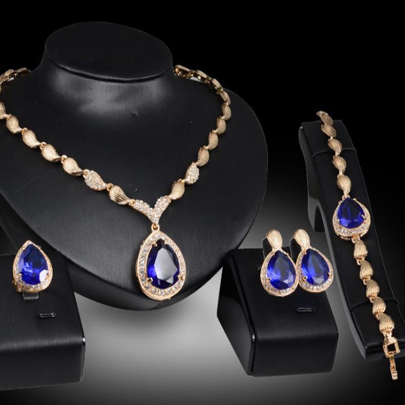 C222 Simple Wedding Banquet Alloy Rhinestone Jewelry Necklace Earrings Ring Bracelet Four-Piece Set Hot Sale