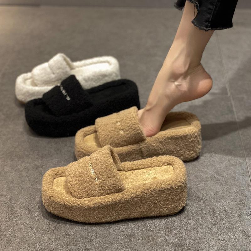 Papuci groși pufoși din blană la modă 2025 Noi Femei Iarnă Casă Calzi Papuci pufoși Flip-flops Femei Papuci de casă Plat Pantofi de interior pentru podea