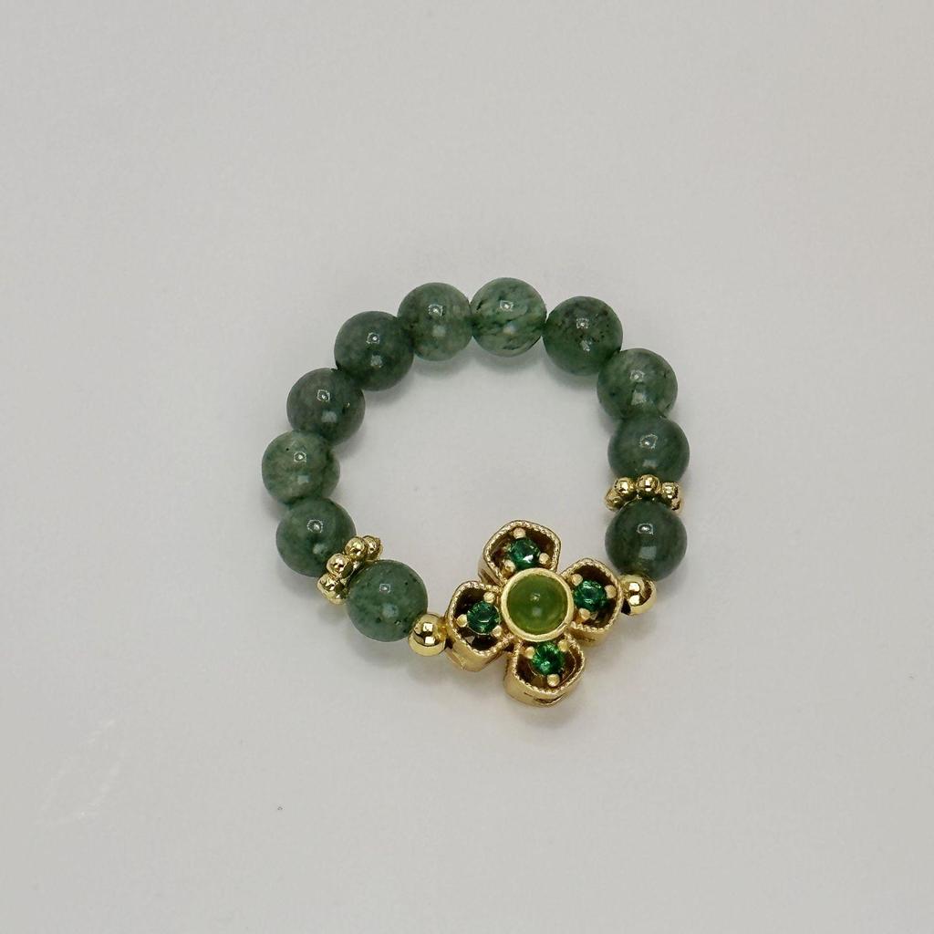 Natural Green Water Agate Beaded Ring - Elastic Cord, Crystal Stone, Niche Chinese Style