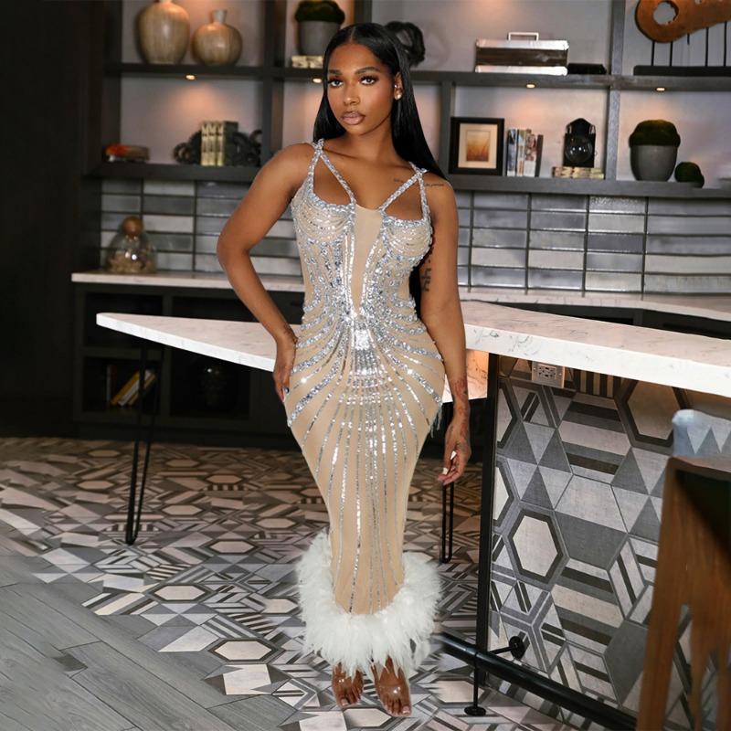 Women's Fashion Sequin Fanny Pack Hip Dress Annual Meeting Host Evening Wool Dress