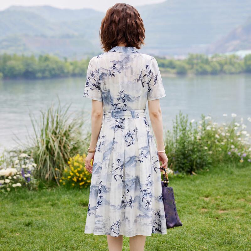 New Chinese Style Printed Tie-Waist Lapel Shirt Dress