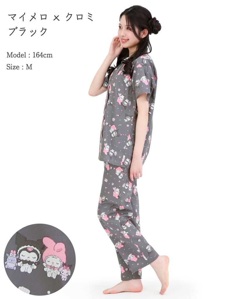 SAZAC Angel My Melody X Kuromi Shirt Cotton Short Sleeve and Long Pants Loungewear Pajamas, 100% Broadcloth, Women's Set, (Black/M/SAN1947)