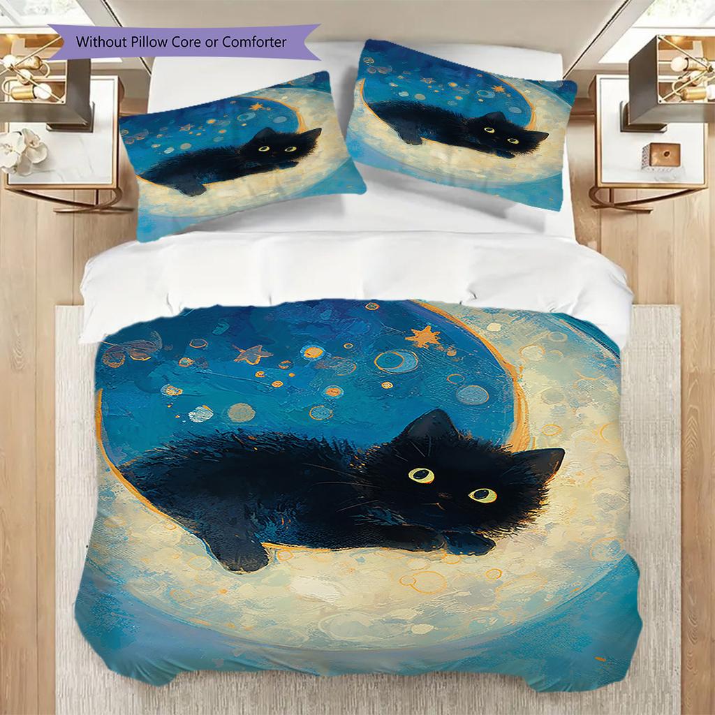 Black Cat Pattern Bedding Quilt Set Quilt Cover Pillowcase Home Decoration Birthday Gift (1 * duvet cover + 2 * pillowcase, without core)