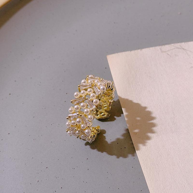 Elegant Zircon Leaf Open Rings for Women Imitation Pearl Inlaid Zircon Adjustable Ring Wedding Party Jewelry
