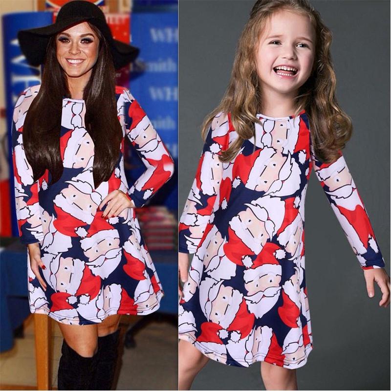 Elegant Girls Children Xmas Mother And Daughter Santa Bow Print Dress For Festive Celebrations