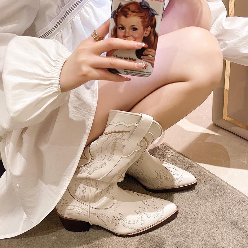 European and American Cowboy-Style White Embroidered Knight Boots - Pointed Toe, Mid-Calf