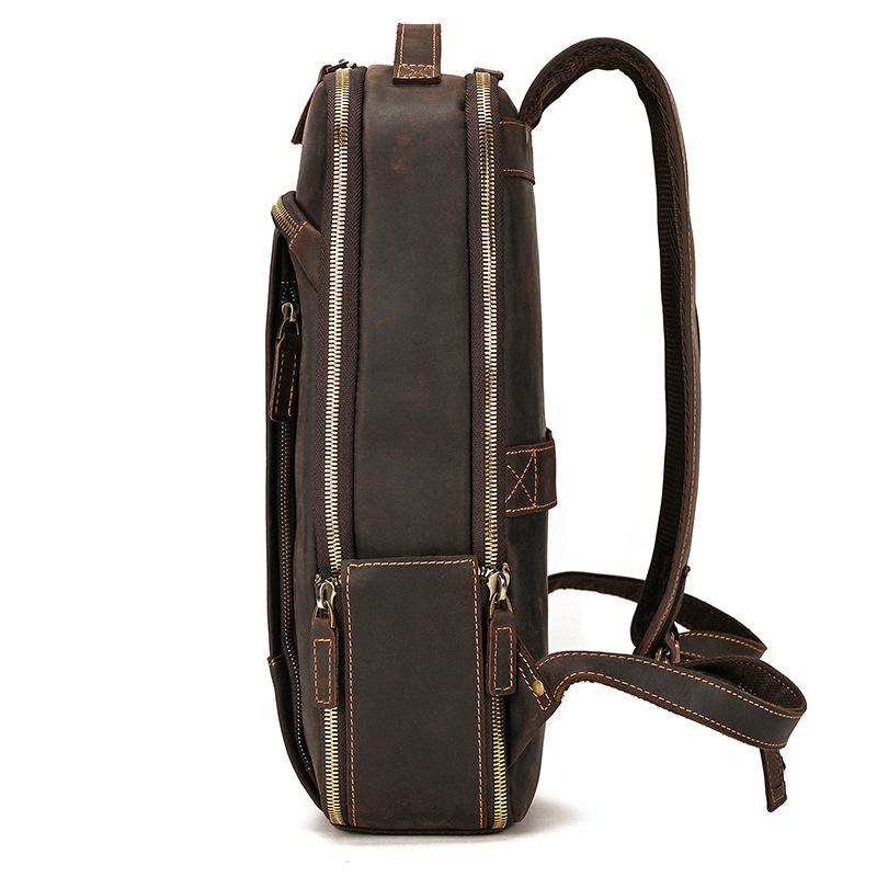 Retro Backpack Double Zipper Main Bag Leather Backpack Large Capacity Mad Horse Leather Outdoor Travel Bag Leisure Computer Bag