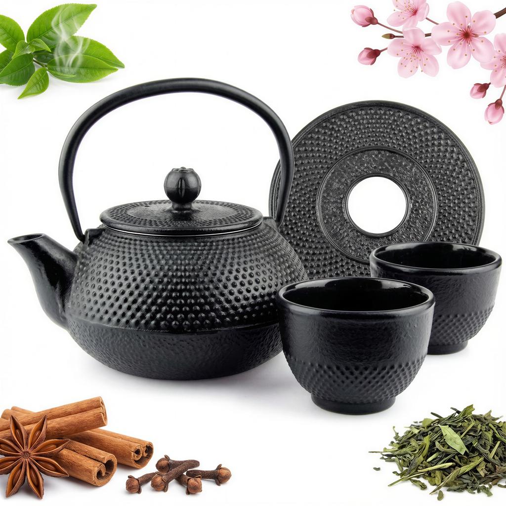 CAST IRON KETTLE 0.8L TEA AND HERB INFUSER 2x CUPS PLATE