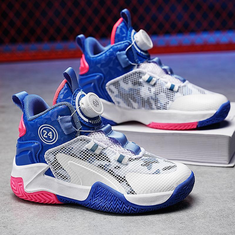 Children's basketball shoes, boys' rotating buckle, middle and older children's student sports running shoes, breathable mesh sneakers, non-slip balls