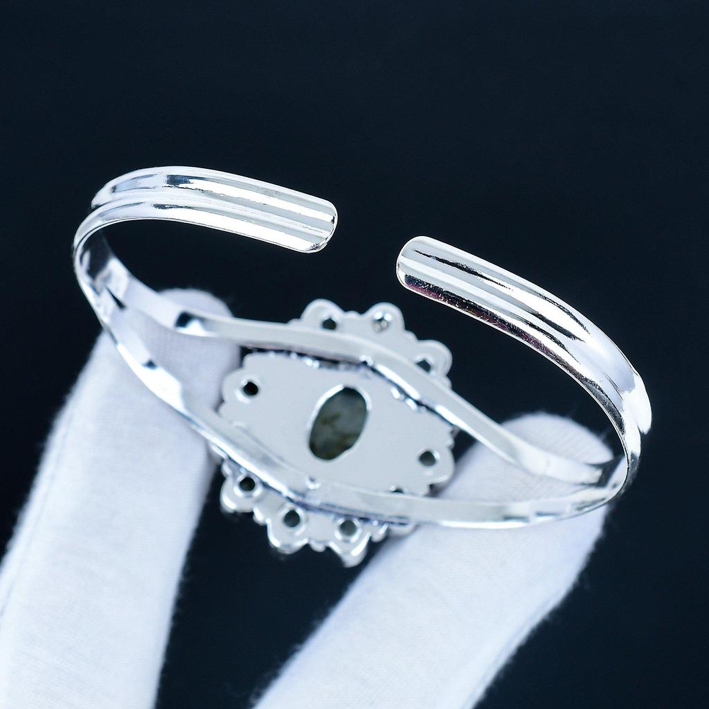 Natural Prehnite Gemstone Handmade Cuff Bangle 925 Sterling Silver Cuff Bangle, Prehnite Flower Shape Bracelet For Wife, Unisex Bangle Gifts