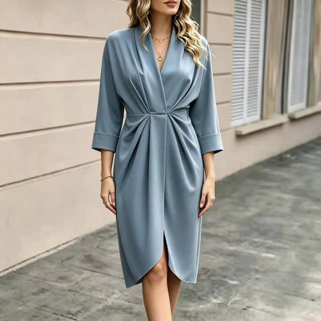 Abito midi da donna in raso con scollo a V e vita stretta Colore Abito da sera elegante