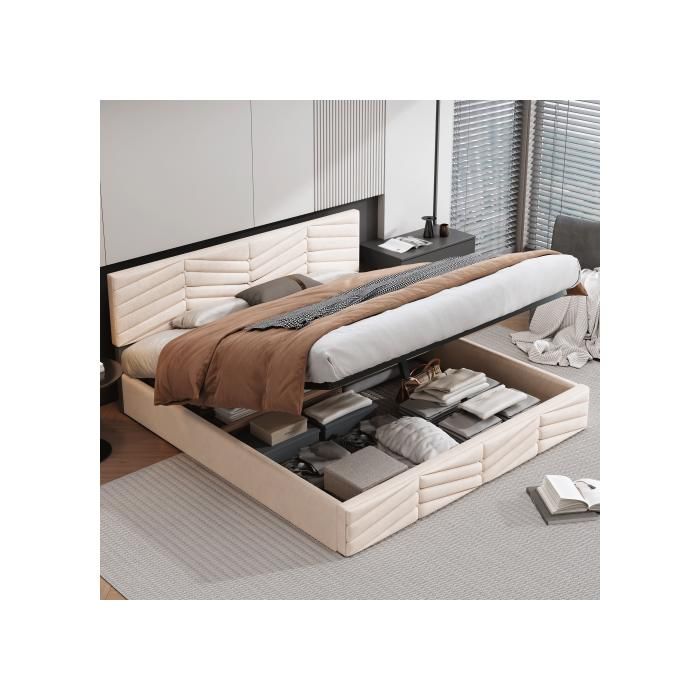 Lit fonctionnel hydraulique - MUVOE - 160 x 200 cm - Tête de lit réglable - Velours beige - Design rayé