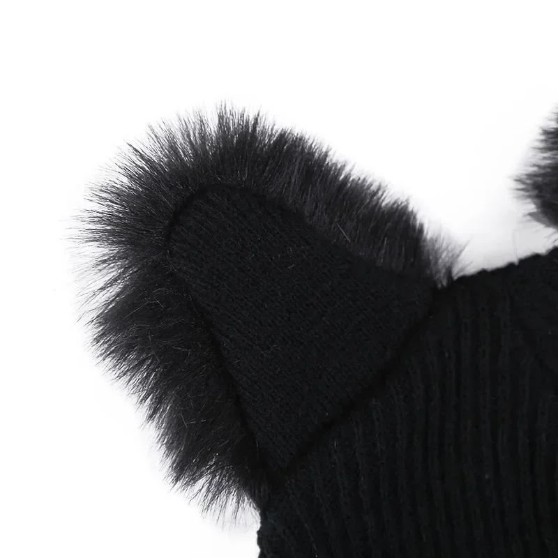 Womens Warm Winter Hat Wool Knitted Cat Ear Faux Mink Hat Skull Fur Pom Pom  Womens Beanie Hat for Women