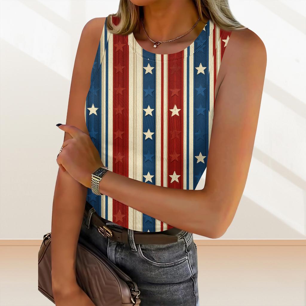 Women's Summer Fashionable Casual Independence Day Printed Round Neck Sleeveless Top Fitted Vest