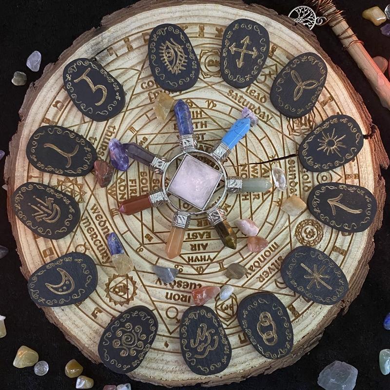 14Pcs Engraved Rune Symbol For Meditation Divination Rune Stones Set With Storage Bag Wood Runes Stone Set Witches Rune Set