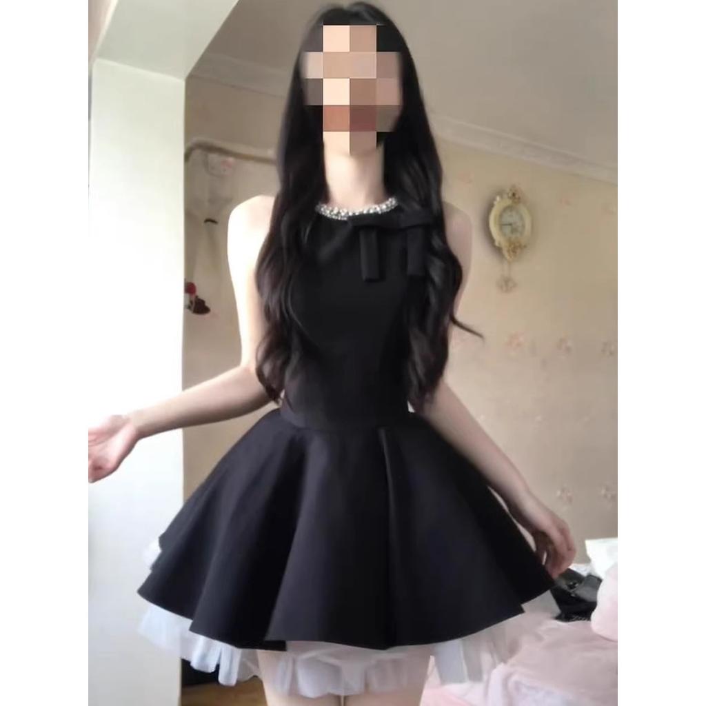 French Rich Daughter Black Vest Dress Women's Summer Hepburn Style Birthday Dress Princess Fluffy Dress