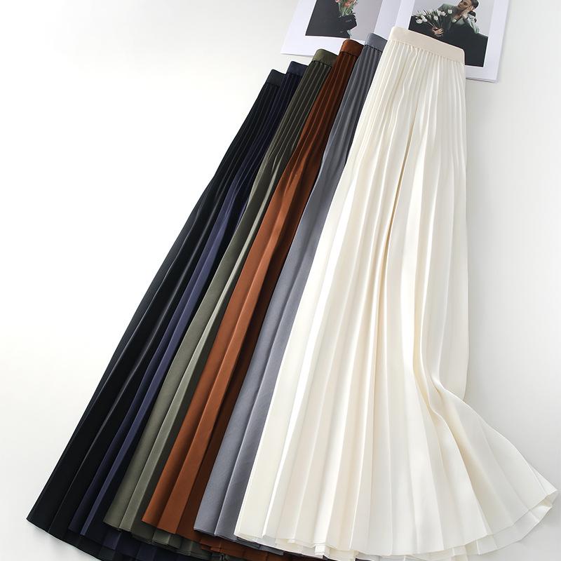 2025 Women's White High-Waist Pleated Midi A-line Skirt