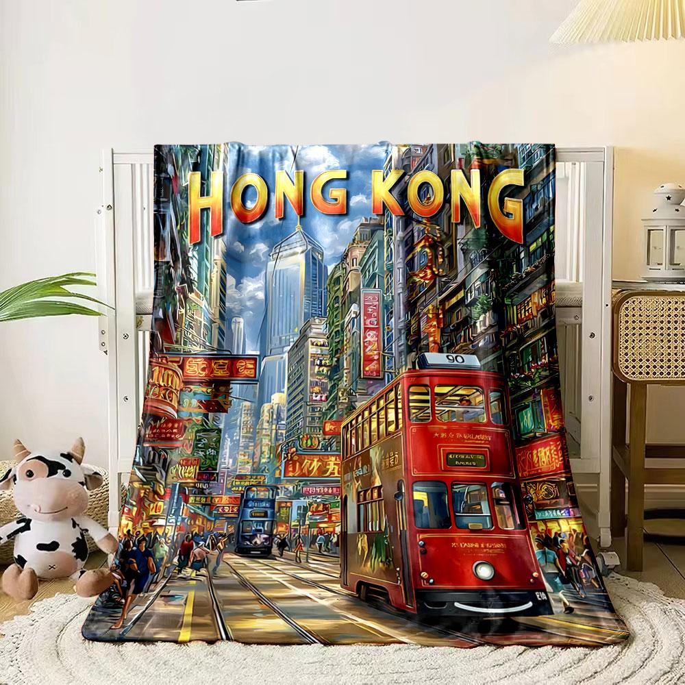 

Vivid street scene with neon signs, colorful trams, and tall buildings. for all seasons blanket lunch break throw gift 80cm x 120cm