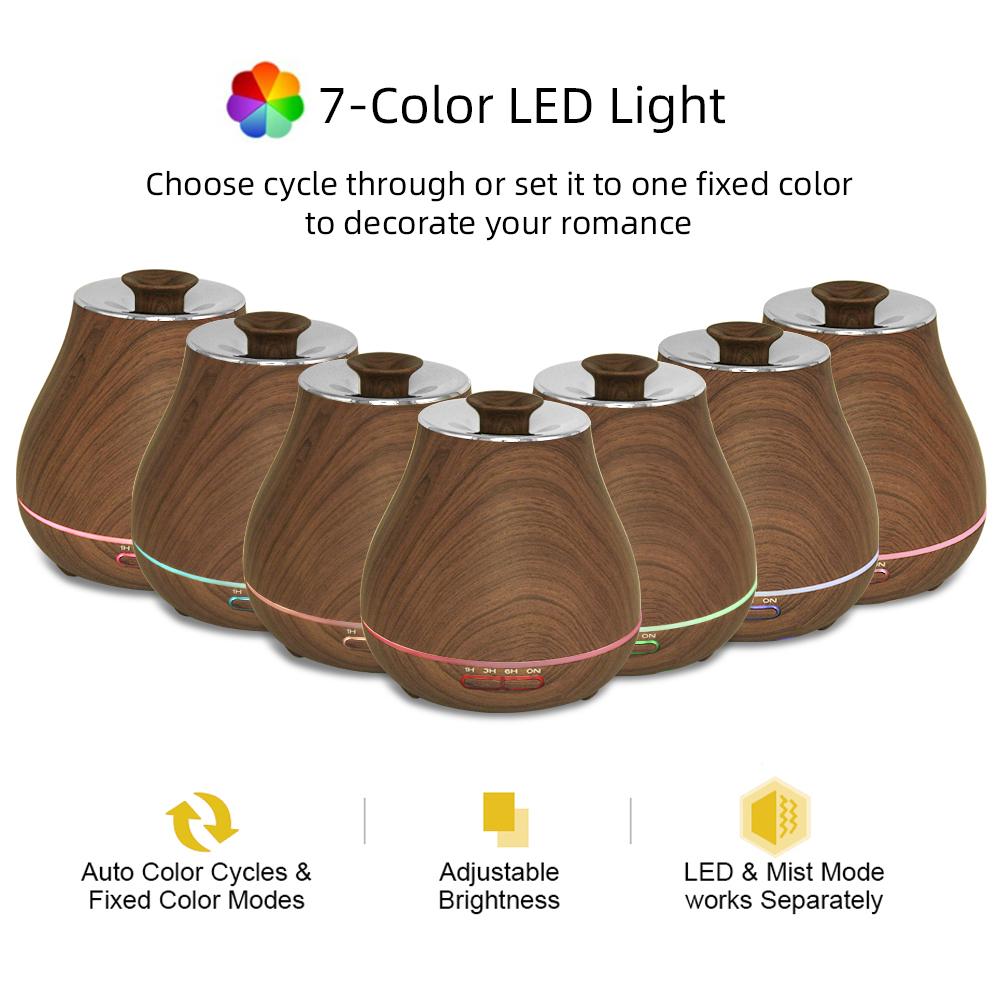 Cool Mist Humidifier Dark Wood Kettle Shape Diffuser with Auto Shutoff, 7-Color Night Light, 3 Timer, Quiet & Energy Efficient